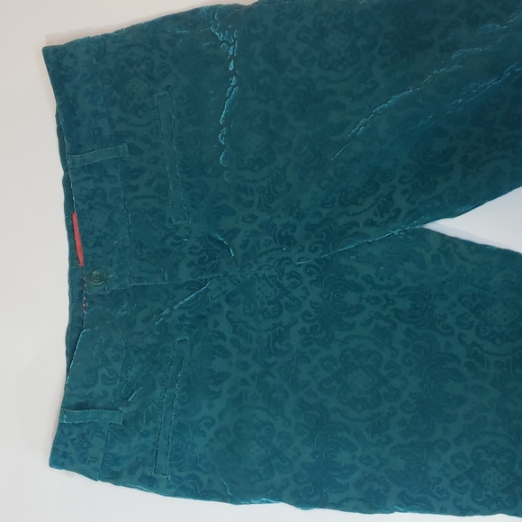 ANTHROPOLOGIE Etched Mid Rise Damask Velvet Skinny Straight Leg Teal - Picture 6 of 9